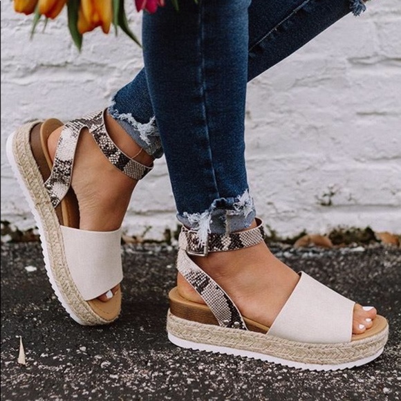 Shoes - Snake print open toe espadrille